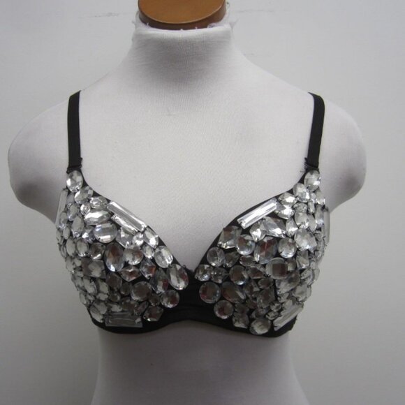 Hearts Other - Womens Clear Silvertone Back Faceted Bead Bedazzled Black Underwire Bra Size M